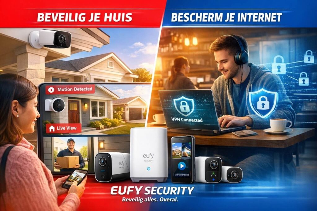 Eufy smart home beveiligingssysteem met camera’s en video deurbel aan een woning, gecombineerd met een laptop met VPN‑beveiliging voor veilig internetgebruik.