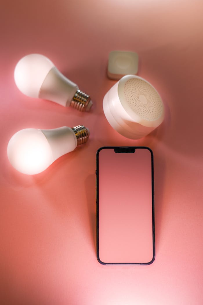 Stylish smartphone and smart bulbs flat lay on a pink background.