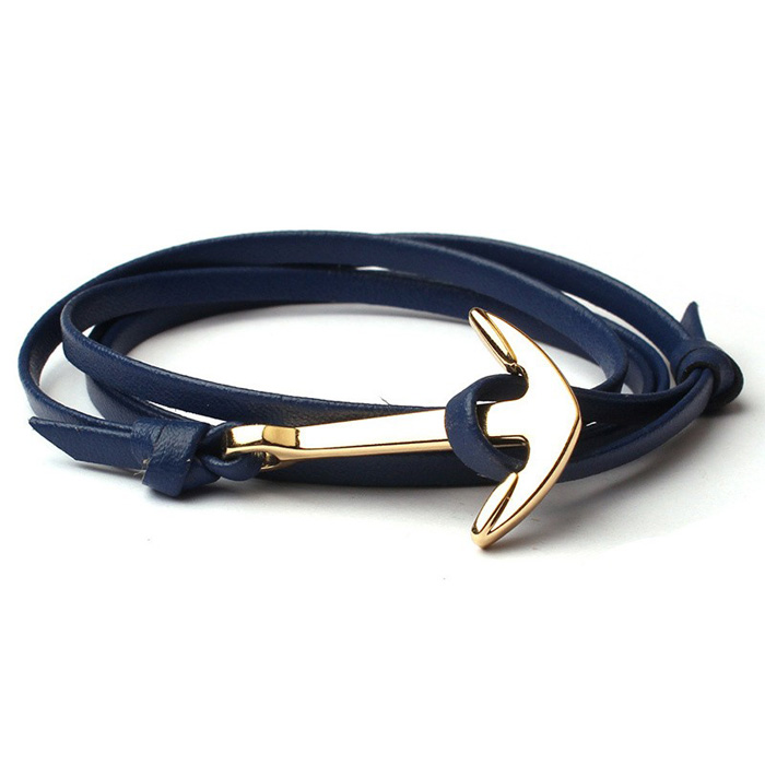 Anker armband leren koord blauw met goudkleurig
