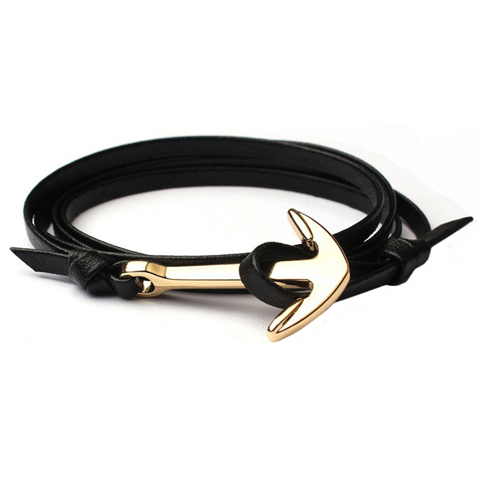 Anker armband leren koord zwart met goudkleurig