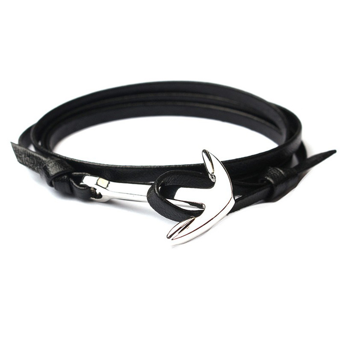 Anker armband leren koord zwart met zilver