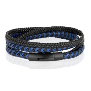 Armband Dubbel Gevlochten Leer – Zwart Blauw-21cm