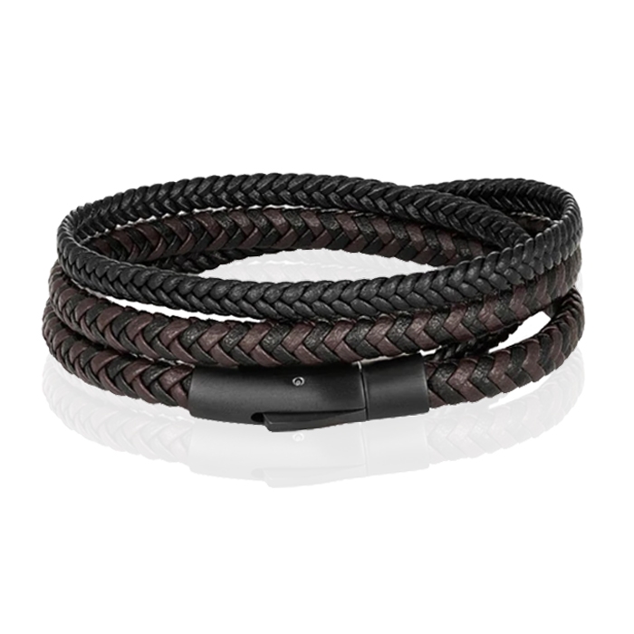 Armband Dubbel Gevlochten Leer – Zwart Bruin-21cm