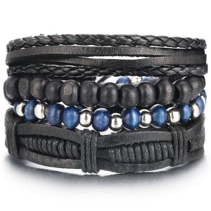 Armbanden set zwart leer en zilverkleurige kralen