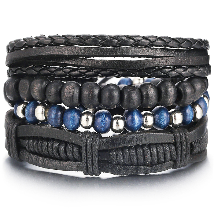 Armbanden set zwart leer en zilverkleurige kralen