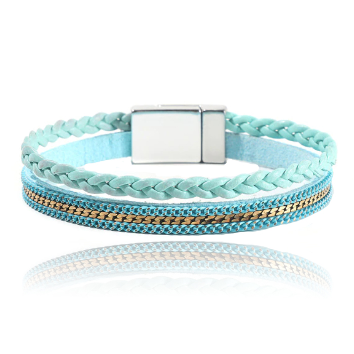 Blauwe dames armband gevlochten leer met magneetsluiting