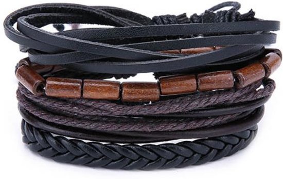 Leren armbanden set met houten kralen zwart bruin