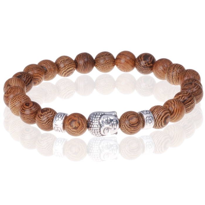 Bruine houten kralen armband zilverkleurige Buddha