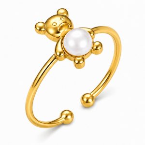 Cilla Jewels Goudkleurige Verstelbare Damesring met Beermotief en Witte Parel