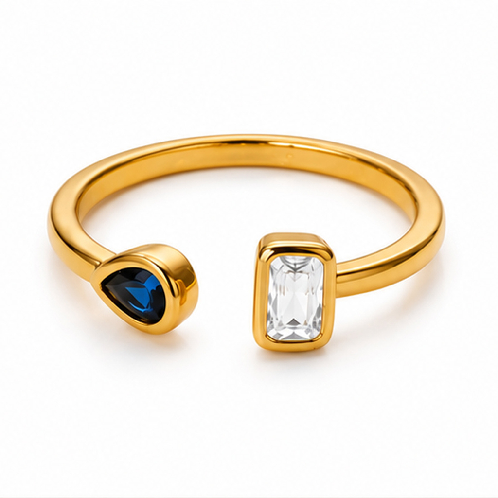 Cilla Jewels Goudkleurige Verstelbare Damesring met Blauwe Druppel en Witte Baguettezirkonia