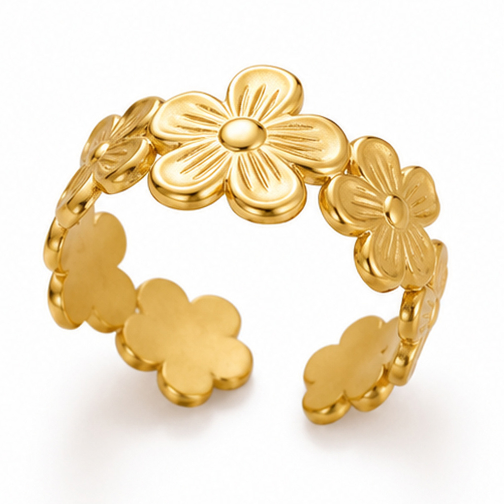 Cilla Jewels Goudkleurige Verstelbare Damesring met Brede Bloemenband