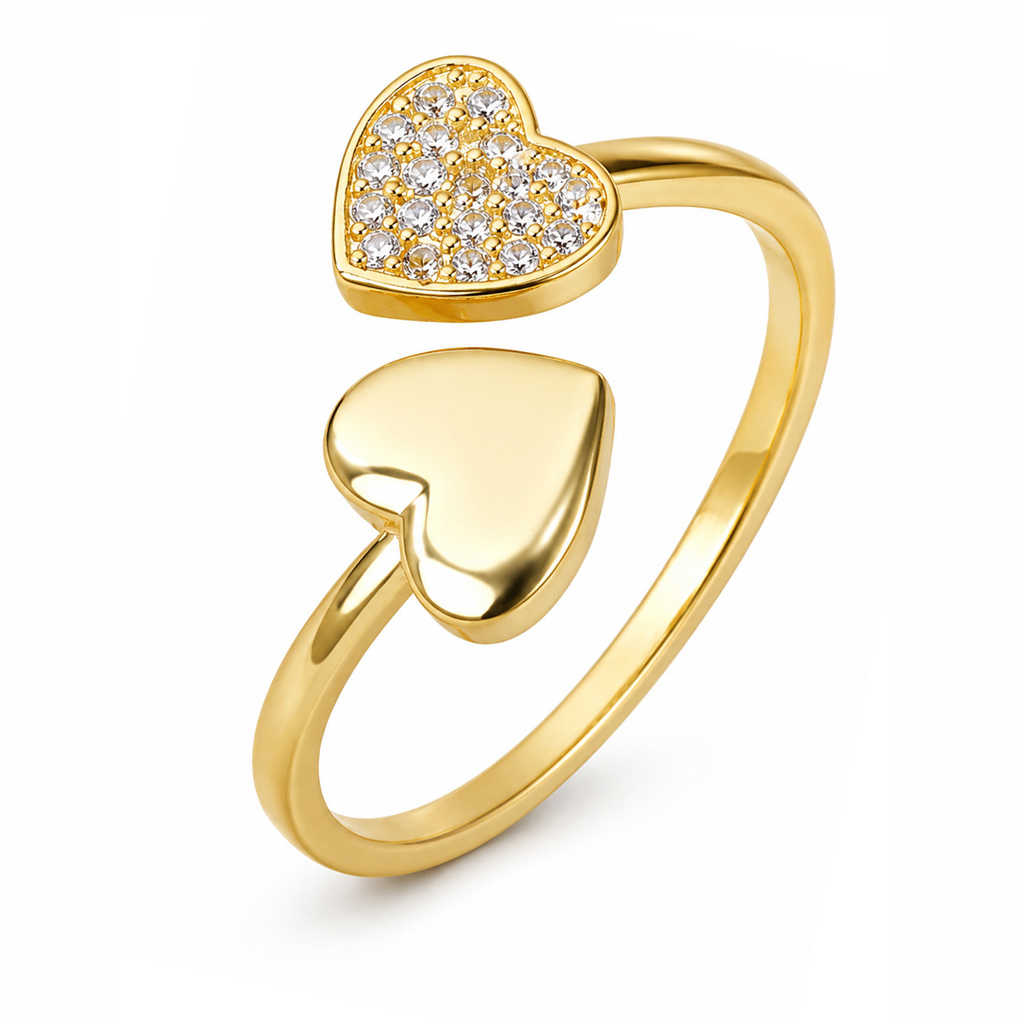 Cilla Jewels Goudkleurige Verstelbare Damesring met Dubbel Hart en Zirkonia