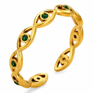 Cilla Jewels Goudkleurige Verstelbare Damesring met Groene Zirkonia en Oogmotief