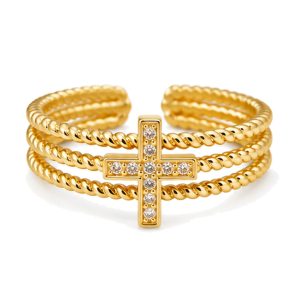 Cilla Jewels Goudkleurige Verstelbare Damesring met Kruismotief en Witte Zirkonia