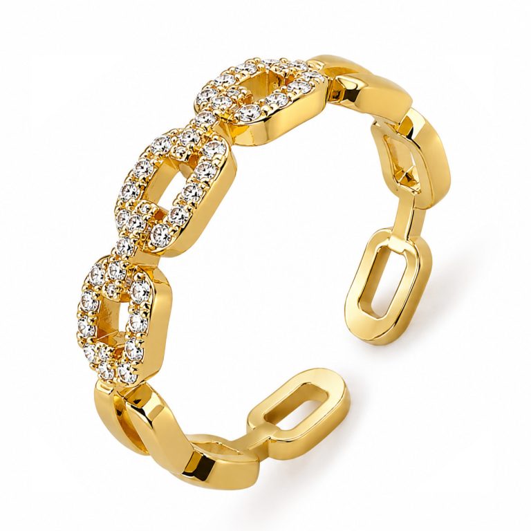 Cilla Jewels Goudkleurige Verstelbare Damesring met Rechthoekige Schakels en Witte Zirkonia