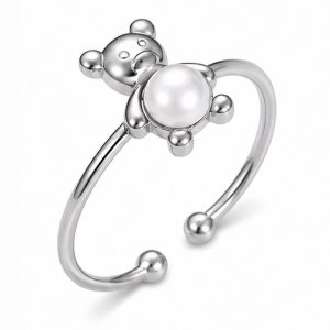 Cilla Jewels Zilverkleurige Verstelbare Damesring met Beermotief en Witte Parel