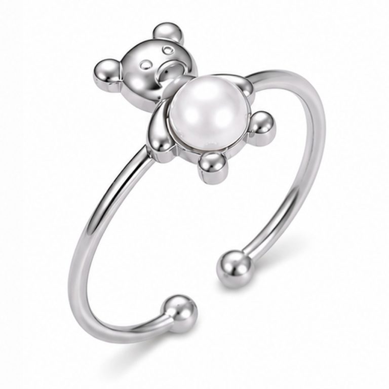 Cilla Jewels Zilverkleurige Verstelbare Damesring met Beermotief en Witte Parel