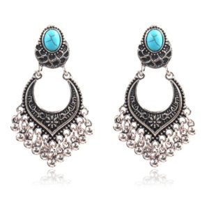 Dames oorhangers Ibiza zilverkleurig turquoise met zilverkleurige kraaltjes