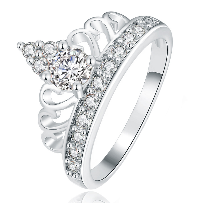 Dames Ring Verzilverd met Kroon en Zirkonia Stenen-17mm