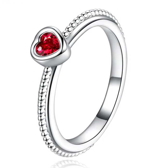 Dames Ring Verzilverd met Rood Hart van Zirkonia-16mm