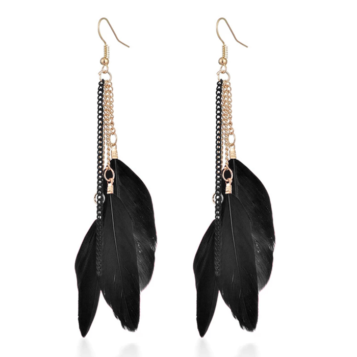 Deja Dames Oorbellen Ketting en 3 Veertjes – Zwart