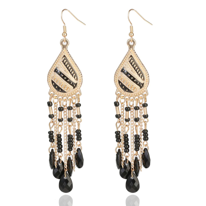 Deja Druppelvormige Tassel Oorbellen – Kristal Zwart