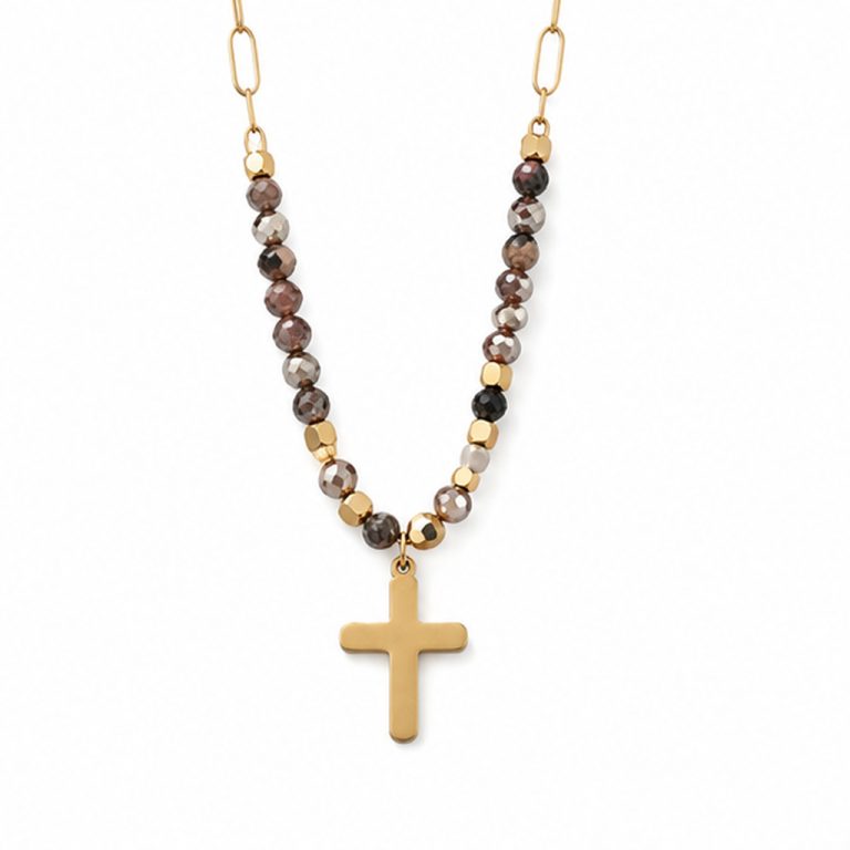 Deja Jewels Goudkleurige Dames Kralenketting met Bruine Kralen en Kruishanger