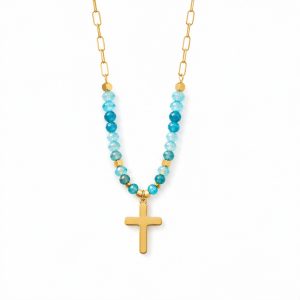 Deja Jewels Goudkleurige Dames Kralenketting met Turquoise Kralen en Kruishanger