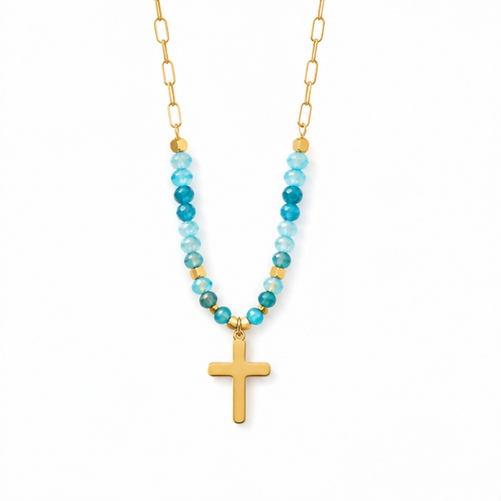 Deja Jewels Goudkleurige Dames Kralenketting met Turquoise Kralen en Kruishanger