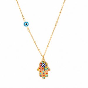 Deja Jewels Goudkleurige Hamsa Damesketting met Multicolor Zirkonia en Boze Oog