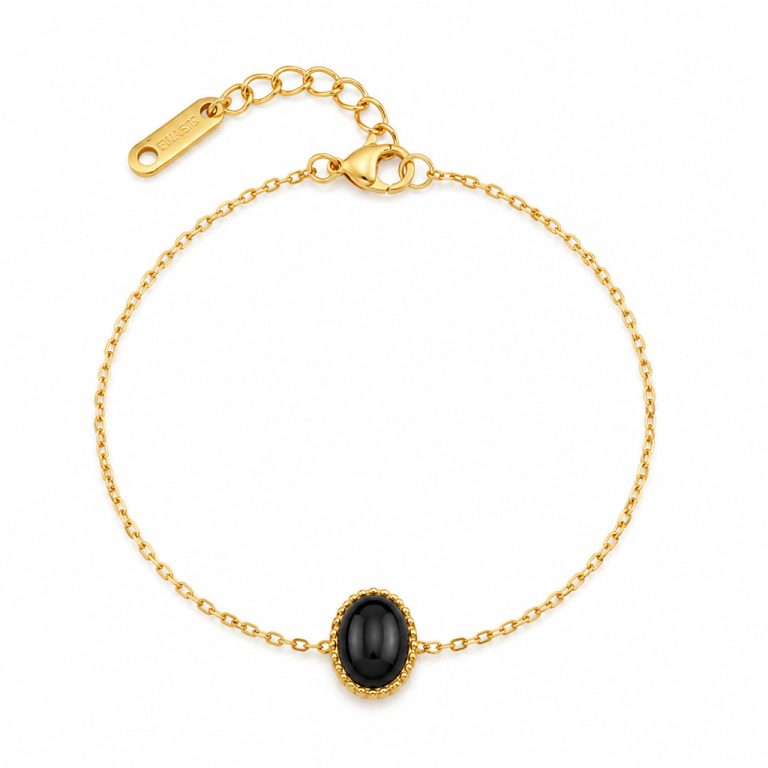 Deja Jewels Goudkleurige Verstelbare Damesarmband met Ovale Zwarte Steen