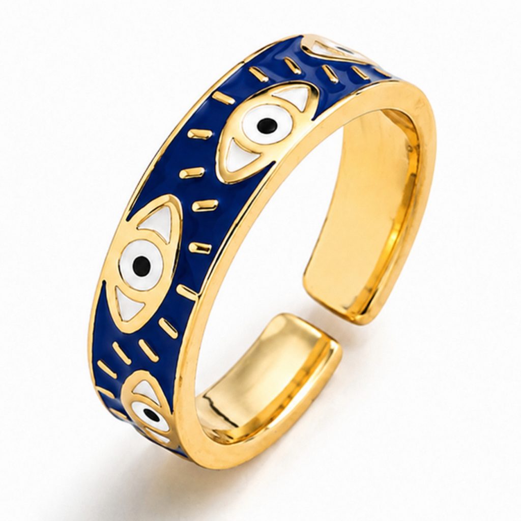 Deja Jewels Goudkleurige Verstelbare Damesring met Blauw Oogmotief