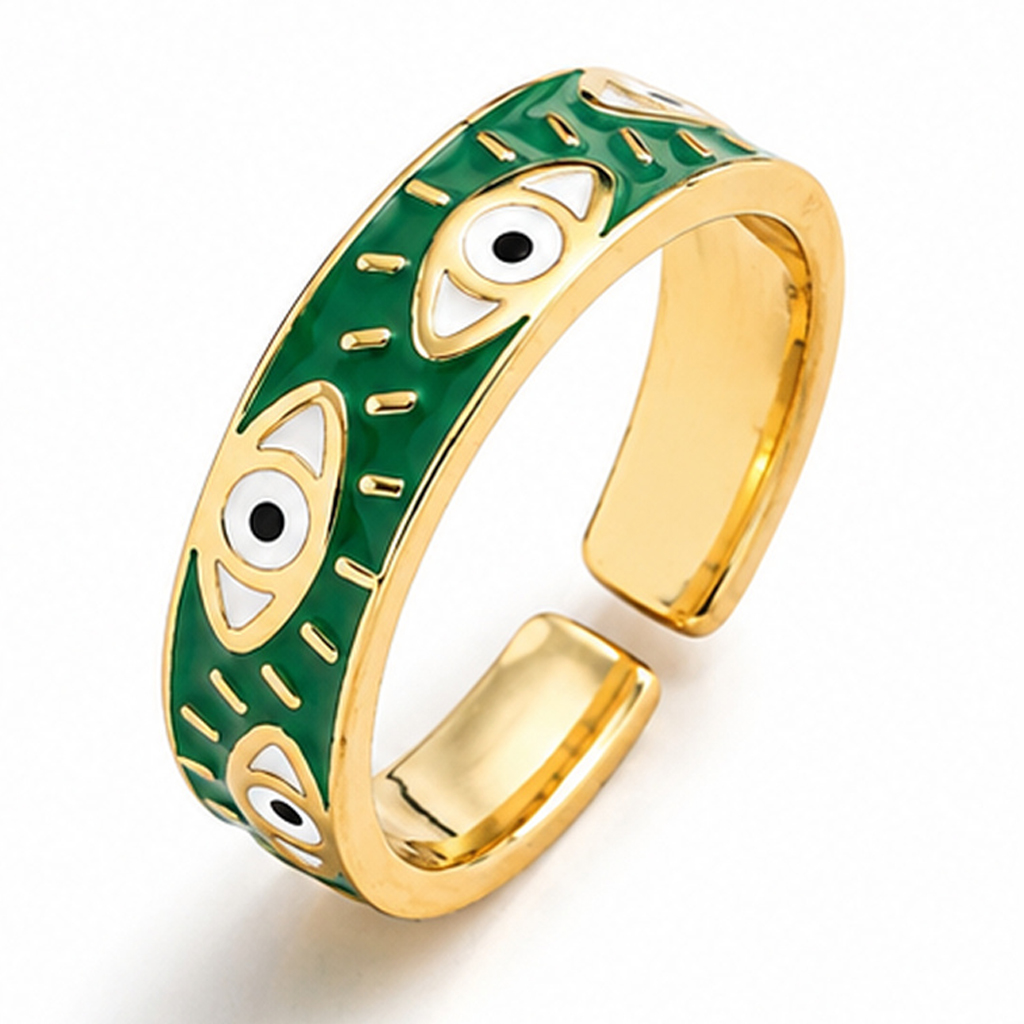 Deja Jewels Goudkleurige Verstelbare Damesring met Groen Oogmotief