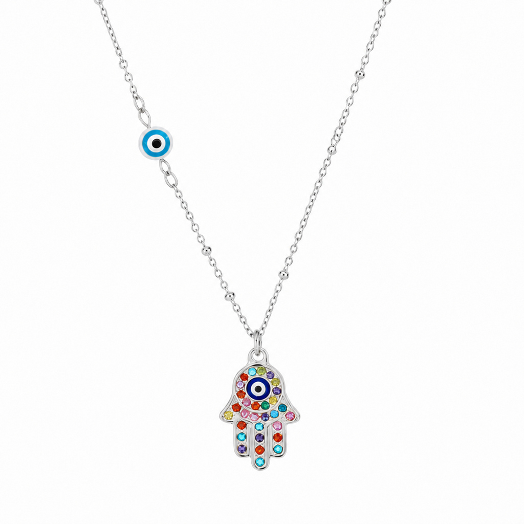 Deja Jewels Zilverkleurige Hamsa Damesketting met Multicolor Zirkonia en Boze Oog