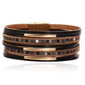 Deja Armband goudkleurig met zwart leer en mozaïek detail