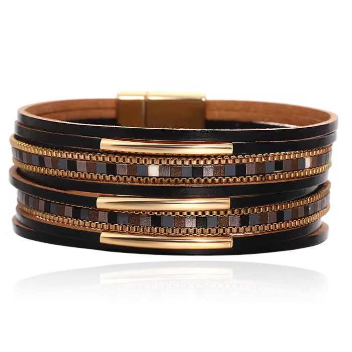 Deja Armband goudkleurig met zwart leer en mozaïek detail