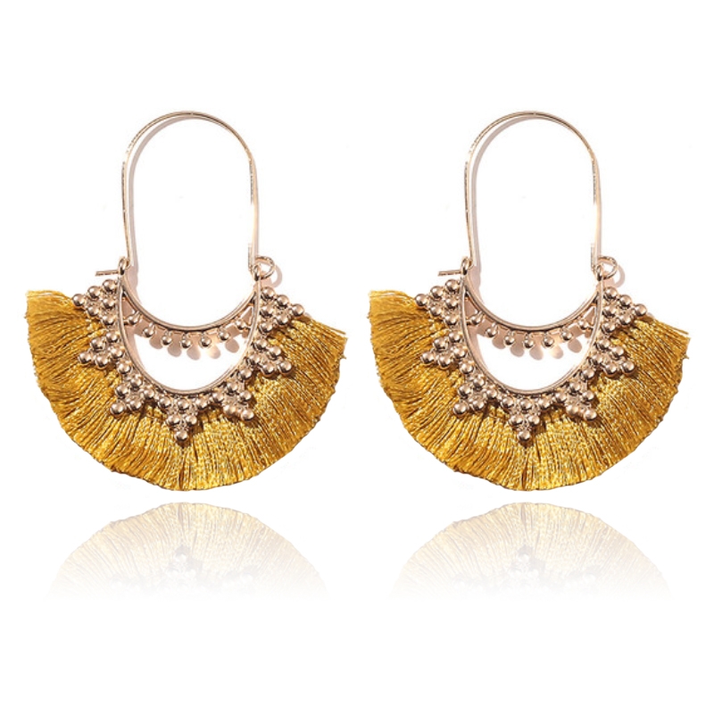 Deja Jewels Bohemian Goudkleurige Oorbellen met Gele Franje Waaierhangers
