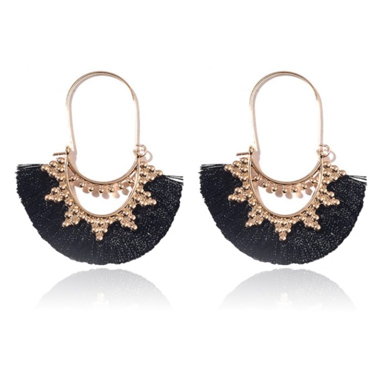 Deja Jewels Bohemian Goudkleurige Oorbellen met Zwarte Franje Waaierhangers