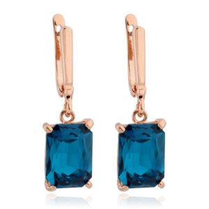 Deja Jewels Oorbellen met Hangers – Dames, Rosegoudkleurige Afwerking, Rechthoekige Blauwe Glassteen