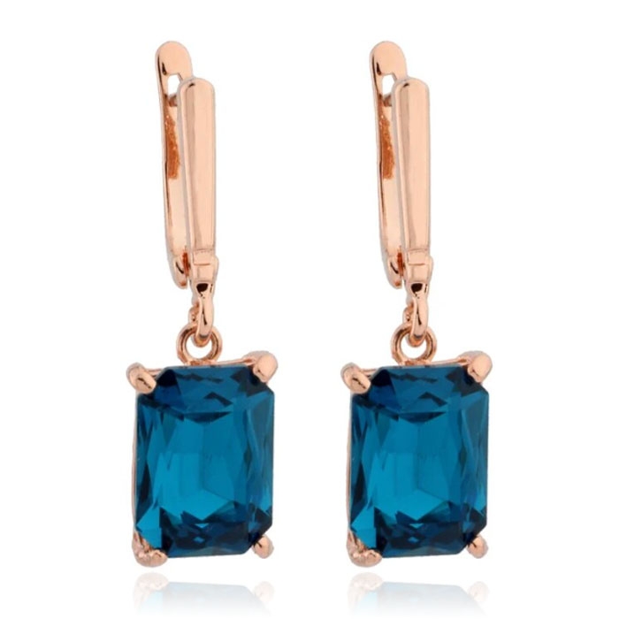 Deja Jewels Oorbellen met Hangers – Dames, Rosegoudkleurige Afwerking, Rechthoekige Blauwe Glassteen
