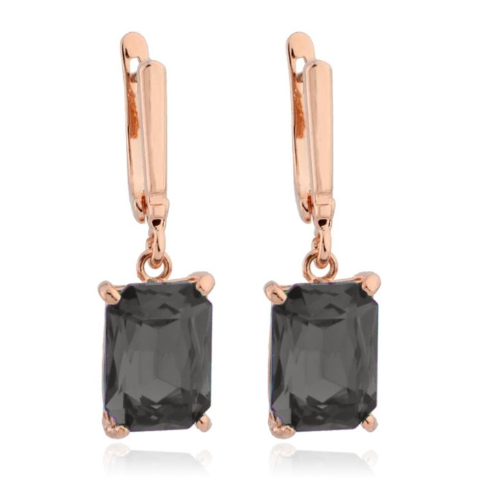Deja Jewels Oorbellen met Hangers – Dames, Rosegoudkleurige Afwerking, Rechthoekige Smokey Grey Glassteen