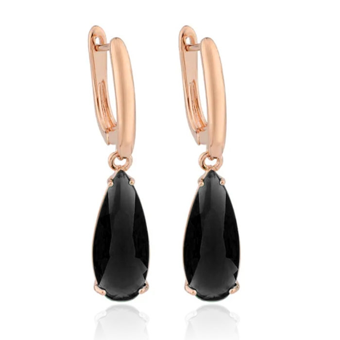 Deja Jewels Oorbellen met Hangers – Dames, Rosegoudkleurige Afwerking, Zwarte Waterdrop Glassteen