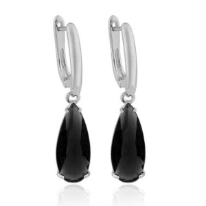 Deja Jewels Oorbellen met Hangers – Dames, Zilveren Afwerking, Zwarte Waterdrop Glassteen