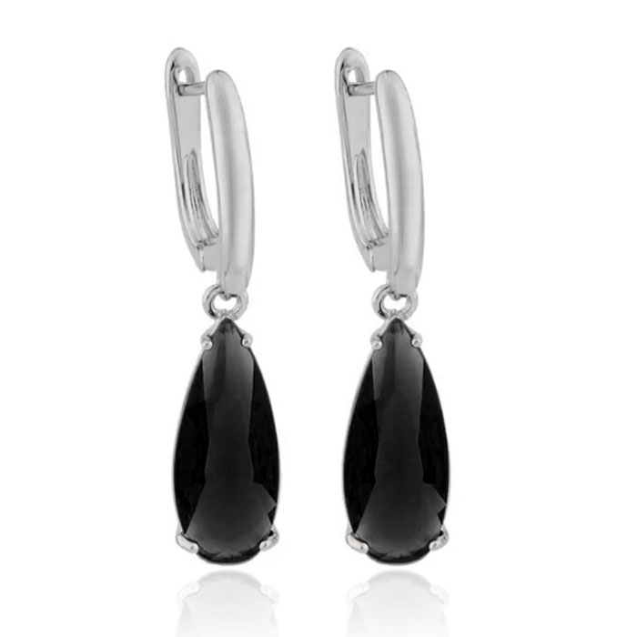 Deja Jewels Oorbellen met Hangers – Dames, Zilveren Afwerking, Zwarte Waterdrop Glassteen