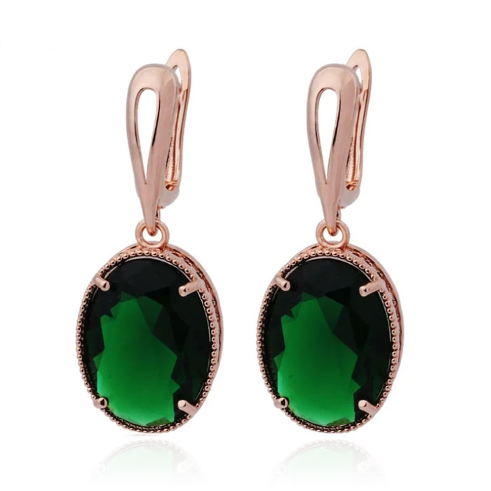 Deja Jewels Oorbellen met Ovale Glassteen Hangers – Dames, Rosegoudkleurige Afwerking, Groene Glassteen