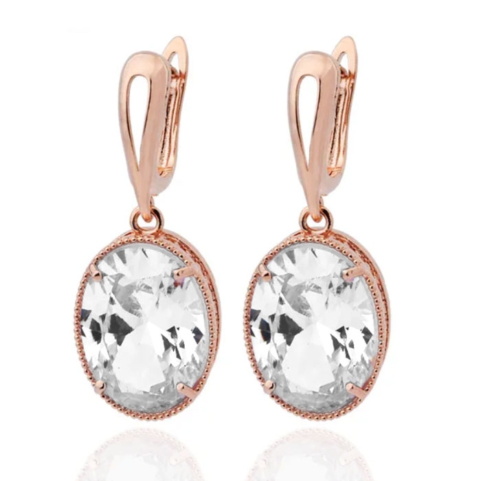 Deja Jewels Oorbellen met Ovale Glassteen Hangers – Dames, Rosegoudkleurige Afwerking, Transparante Glassteen