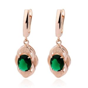 Deja Jewels Oorbellen met Ovale Hangers – Dames, Rosegoudkleurige Afwerking, Groene Glassteen