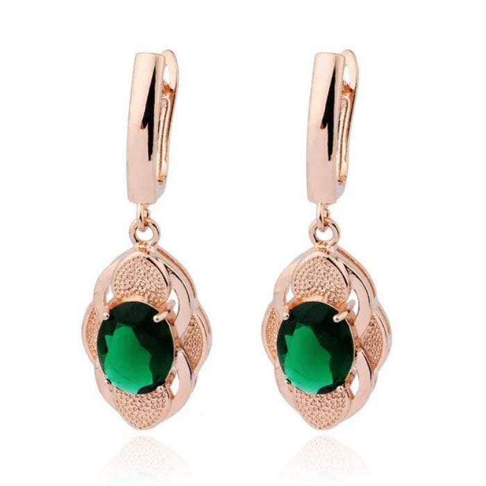 Deja Jewels Oorbellen met Ovale Hangers – Dames, Rosegoudkleurige Afwerking, Groene Glassteen