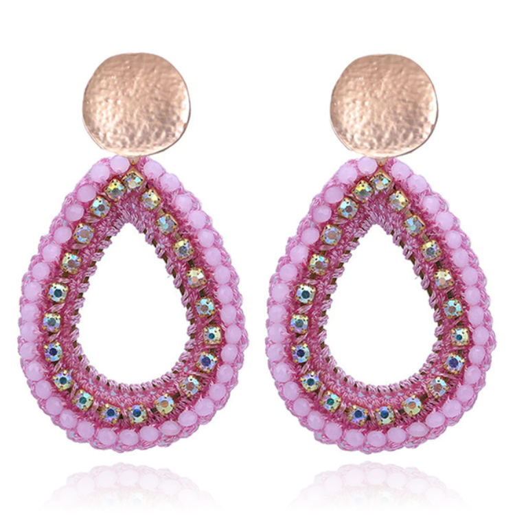 Druppelvormige Oorhangers met Kristal en Touw – Roze