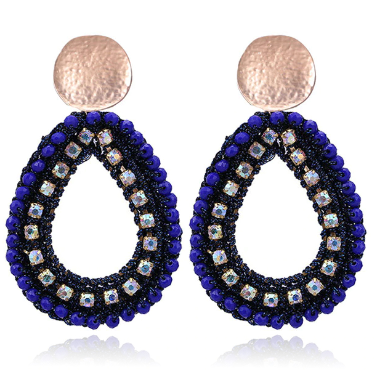 Druppelvormige Oorhangers met Kristal en Touw – Zwart Blauw